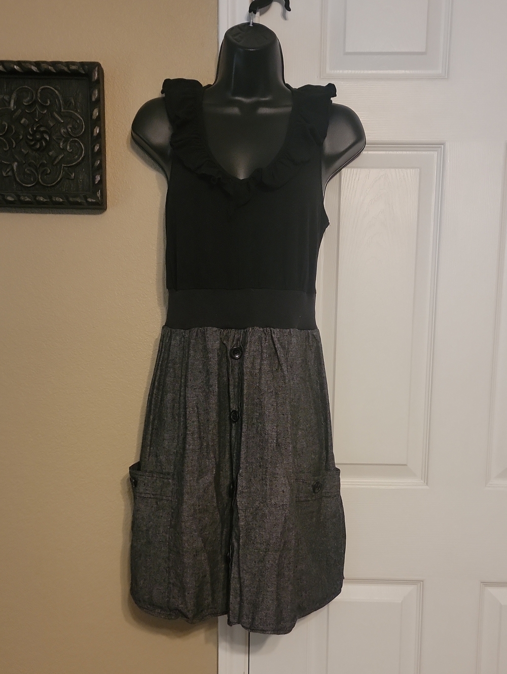 BeBop Black and Heather Gray Ruffle Neck Sleeveless Dress with Button Front